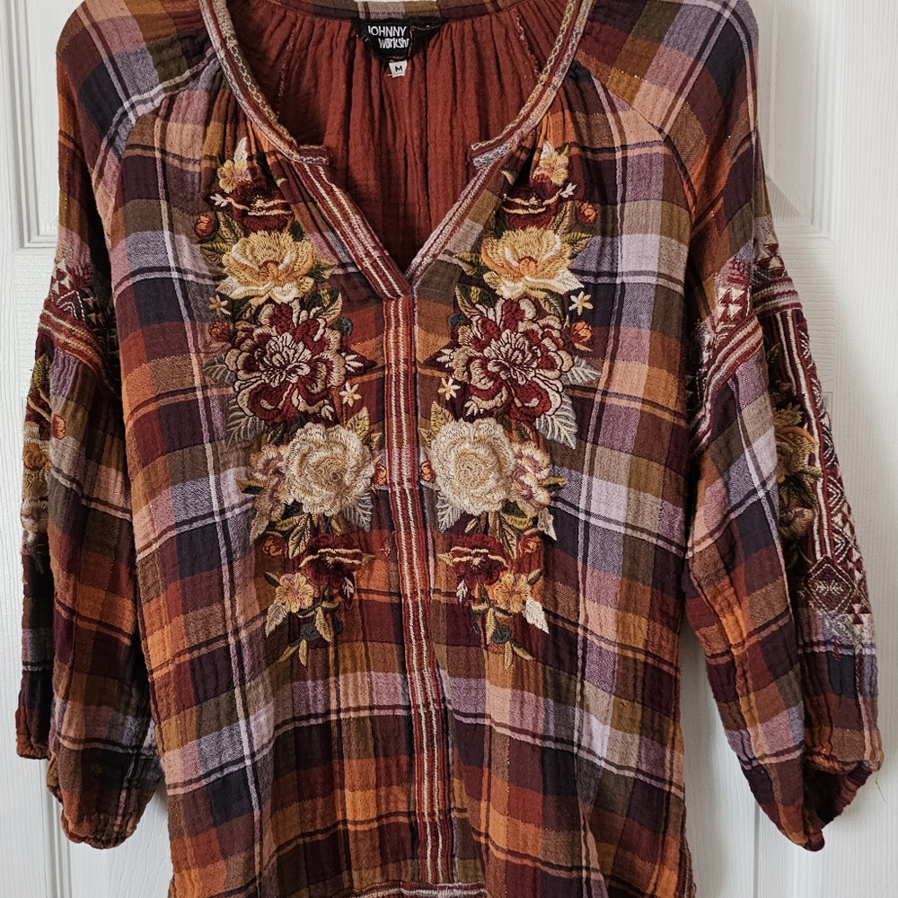 JOHNNY WAS Workshop top. Size Medium Emproidered Plaid with Fall colors.